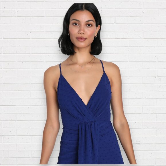 NWT LULU'S Stylish Invite Dark Blue Swiss Dot Surplice Midi Tulip Lulu Dress L - Picture 6 of 11